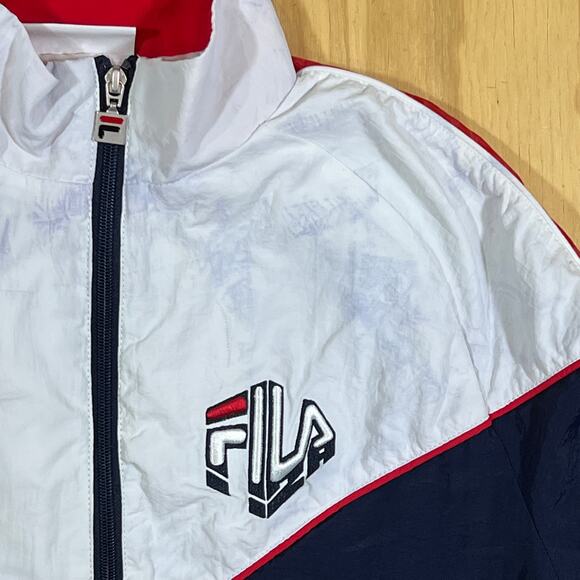 VTG Fila Track Jacket Navy White Red Full Zip Mock Neck Nylon Logo Retro Mens M - Picture 7 of 14